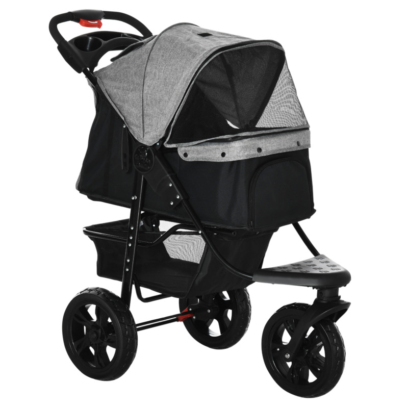 Durable Steel Three-wheel Pet Stroller W/ Adjustable Canopy & Storage - Grey