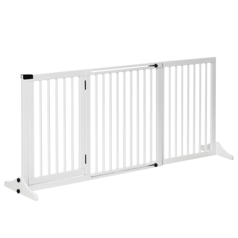 Pawhut Freestanding Adjustable Wooden Pet Gate With Lockable Door - 3 Panels White