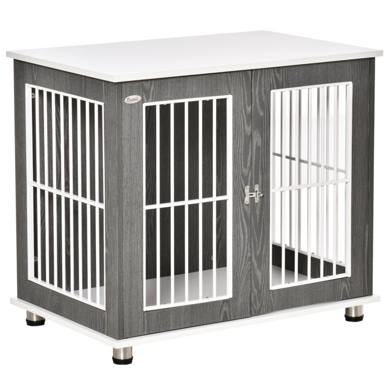 Dog Kennel Pet Crate With Lockable Door & Steel Bars - Grey & White 58cm X 58cm X 60cm