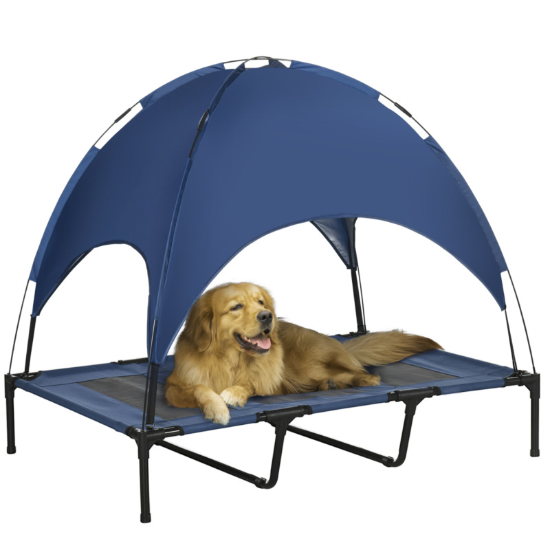 Pawhut 122cm Elevated Dog Bed Cooling Raised Pet Cot Uv Protection Canopy Blue