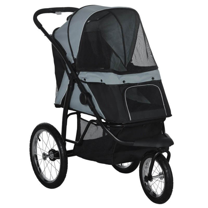 Pawhut Three-wheel Pet Stroller For Medium & Small Dogs & Cats - Foldable Pram - Grey