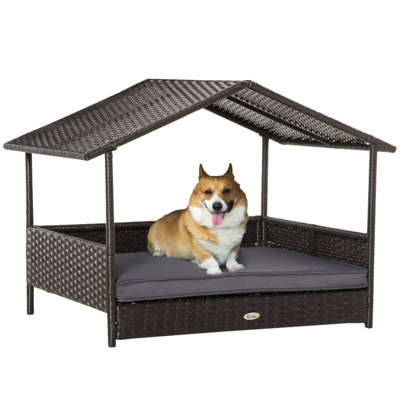 Pawhut Grey Wicker Dog House With Soft Cushion, Rattan Pet Bed Basket