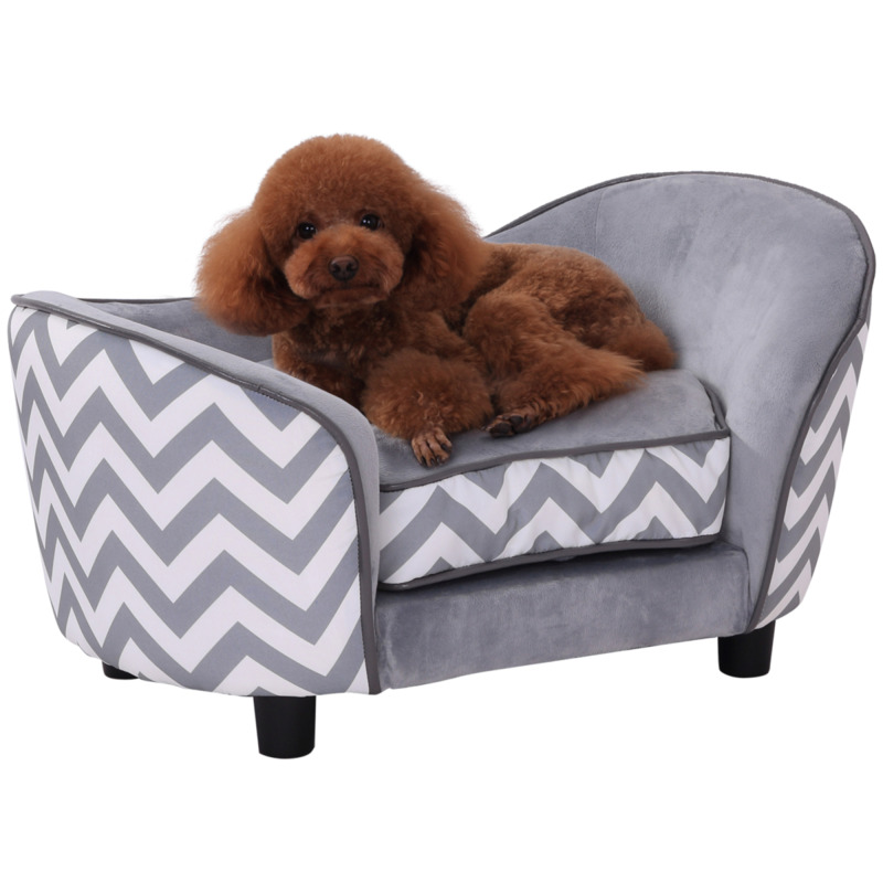Pawhut Plush Faux Fur Dog Sofa Couch - Grey | Removable Sponge Padded Cushion