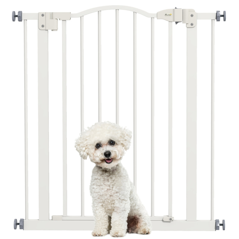 Pawhut Metal Pet Safety Gate Barrier - 74-80cm Adjustable Width, Auto-close, White