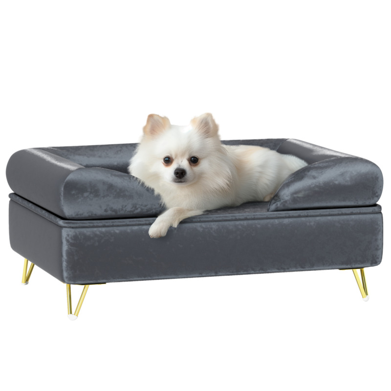 Pawhut Dutch Velvet Dog Sofa Pet Couch With Removable Washable Cushion - Grey
