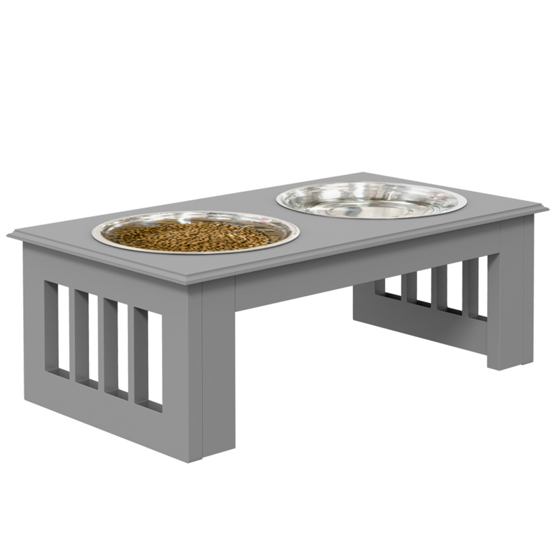 Pawhut Elevated Pet Feeder With 2 Stainless Steel Bowls - Grey