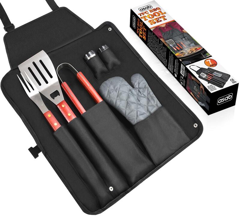 7-piece Barbecue Tool Set - Spatula, Tongs, Fork, Basting Brush, Cleaning Brush, 2 Skewers