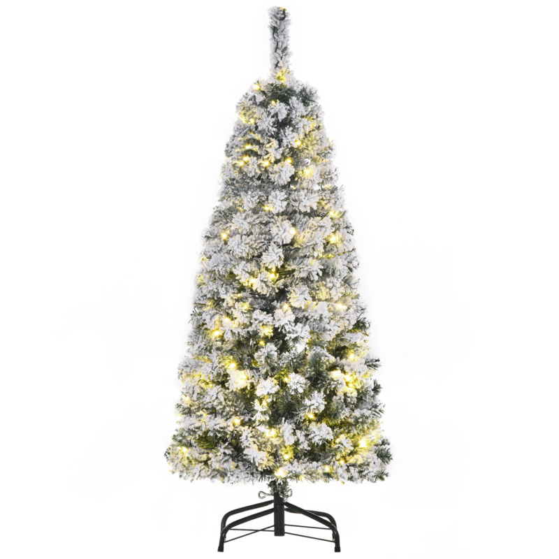 Homcom Snow Flocked Artificial Christmas Tree With 150 Warm White Led Lights - Green White, 4 Feet