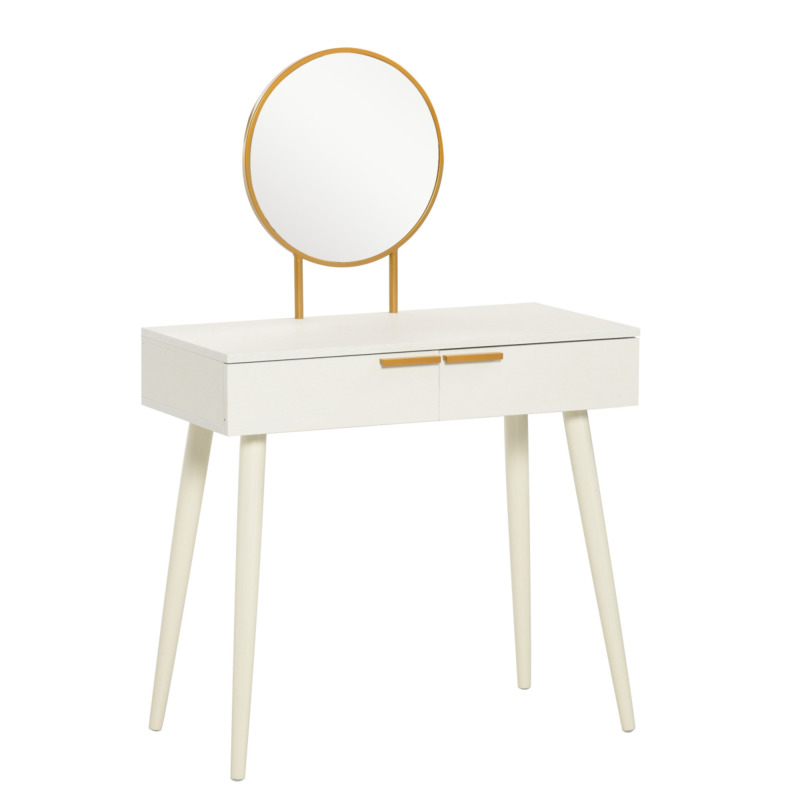 Homcom White Dressing Table With 2 Drawers & Round Mirror - Bedroom Vanity Furniture