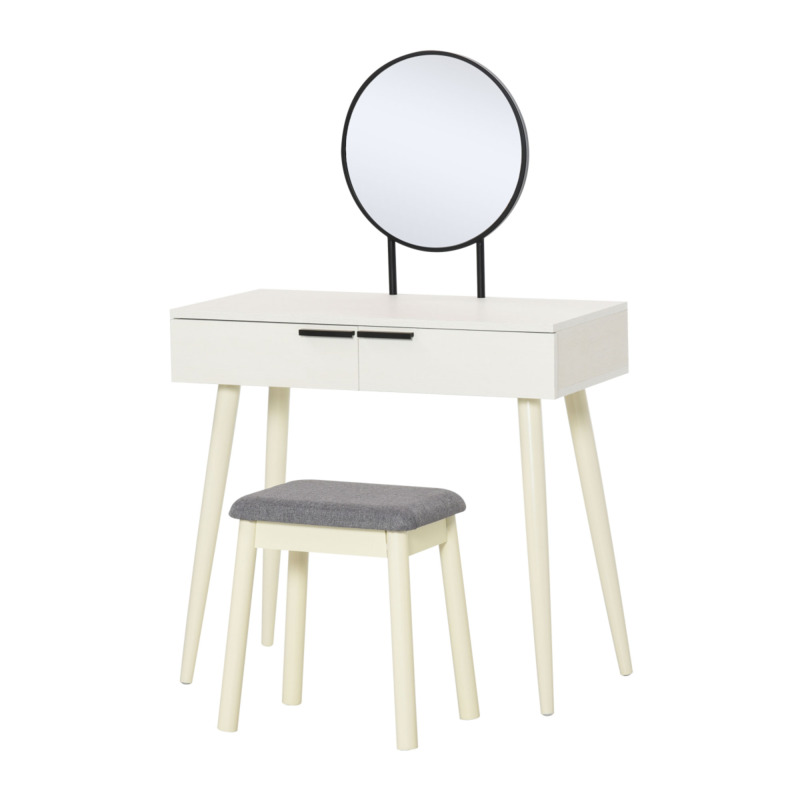 Homcom Vanity Dressing Table Set With Round Mirror & Stool - White