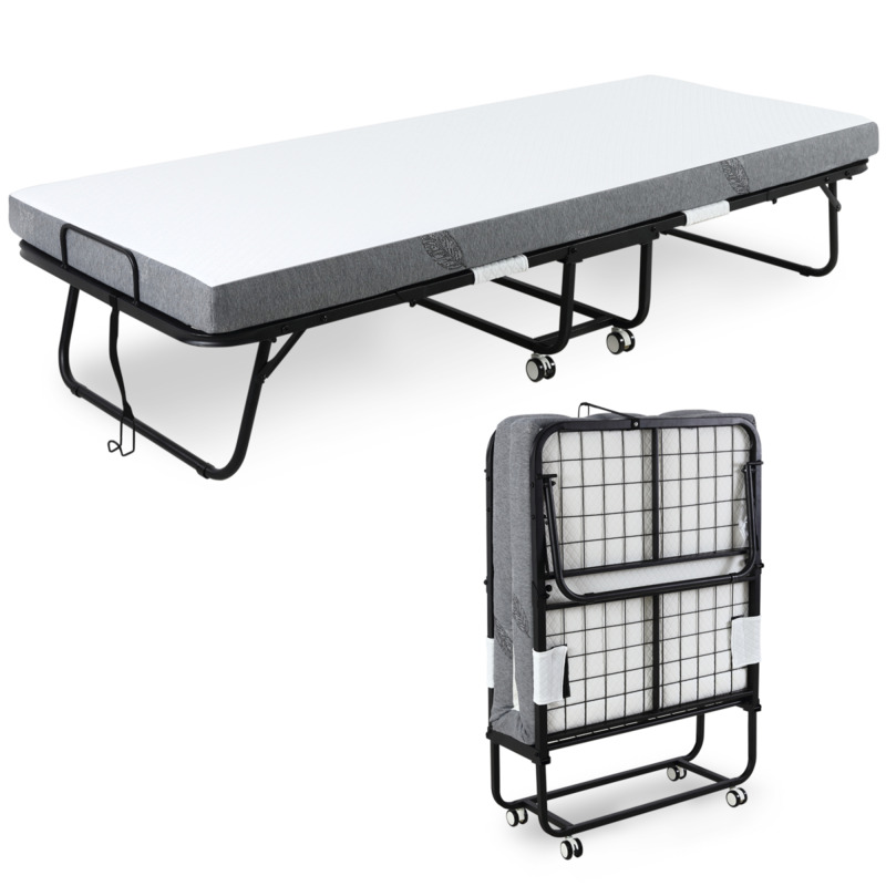 Homcom Folding Guest Bed With 10cm Mattress Portable Metal Frame - Easy Mobility Space-saving