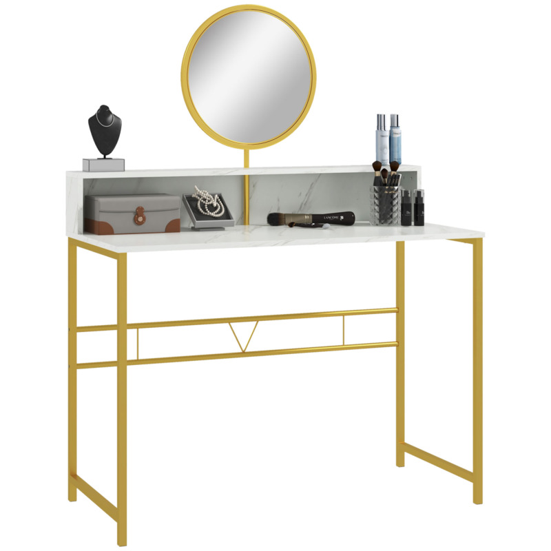 Homcom Faux Marble Dressing Table With Round Mirror - White