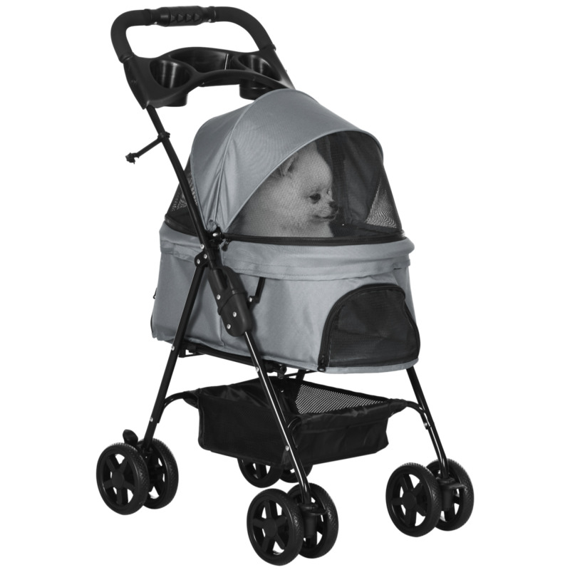 Pet Stroller No-zip Foldable Travel Carriage With Brake Basket 4 Wheels Adjustable Canopy