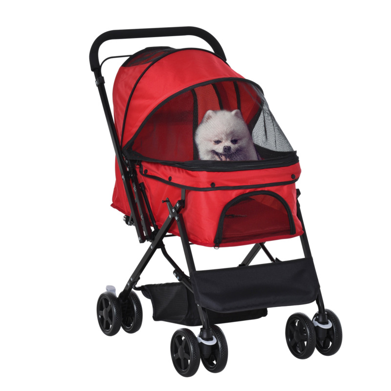 Pet Travel System Foldable Stroller For Small Dogs & Cats - Reversible Handle, Basket, Excellent Ventilation