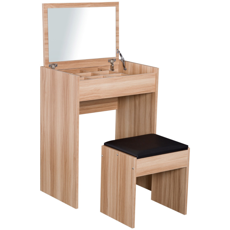Homcom Wood Dressing Table Set With Mirror & Padded Stool - 16mm Thick Chipboard