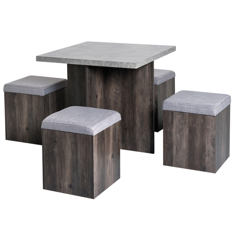 Homcom 5 Piece Wooden Garden Dining Set With Storage Ottoman Chairs - Grey