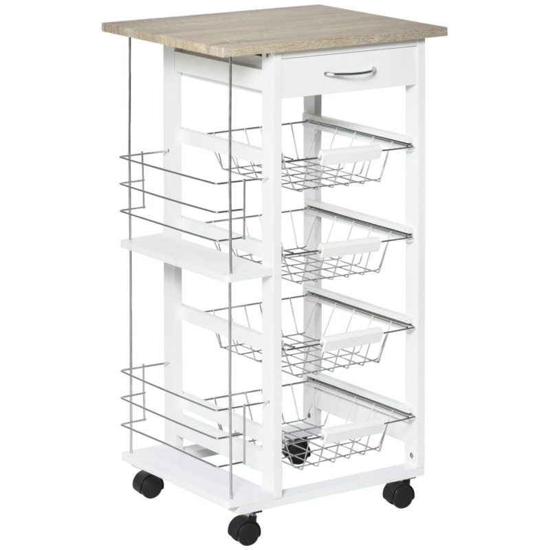 Homcom White Metal Kitchen Trolley - 4 Baskets, 2 Side Racks, 1 Drawer, Wheels
