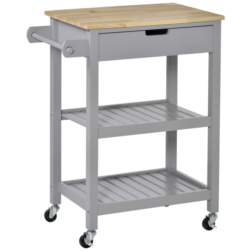 Homcom Rubberwood Kitchen Trolley Utility Cart On Wheels With Towel Rack