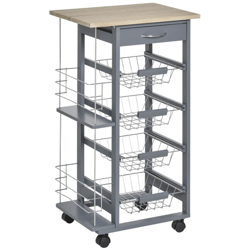 Homcom Dark Grey Kitchen Trolley - 4 Baskets, 2 Spice Racks, Drawer, Rolling Wheels