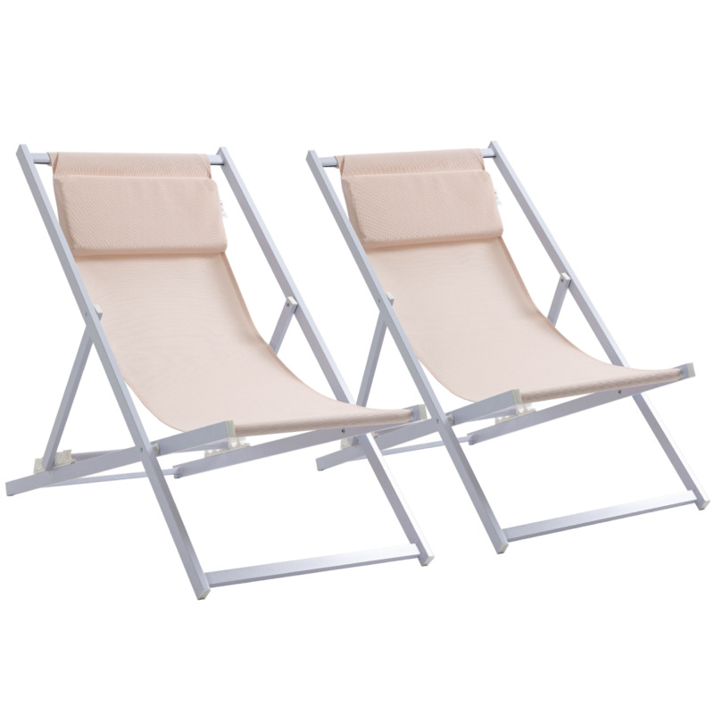 Outsunny Set Of 2 Textilene Folding Garden Sun Lounger Chairs - White 160kg Capacity