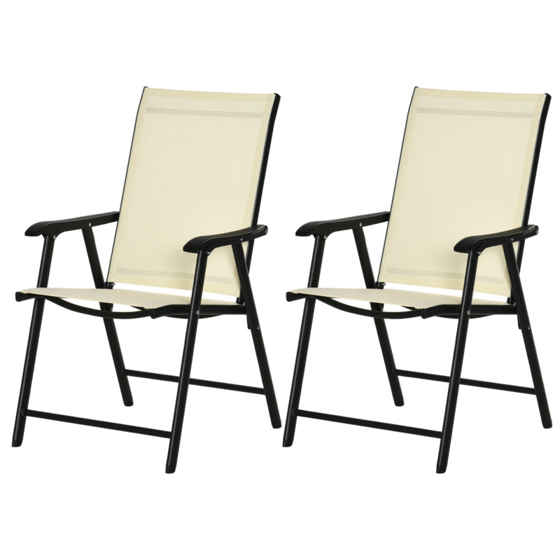 Outsunny Set Of 2 Foldable Metal Garden Chairs - Beige Texteline Ergonomic Comfort