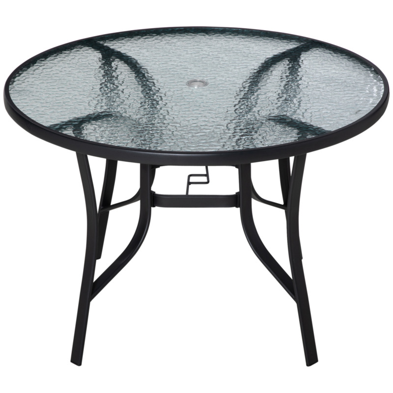 Outsunny 106cm Round Garden Dining Table With Parasol Hole Tempered Glass Top Steel Frame