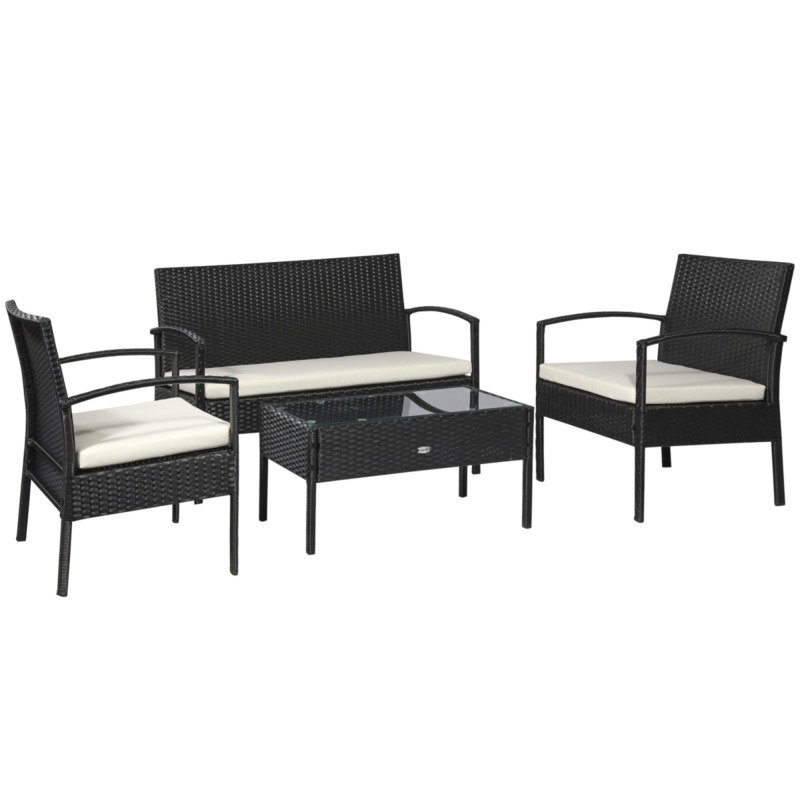 Outsunny 4-seater Rattan Garden Furniture Set Black Cream Outdoor Patio Bistro With Tempered Glass Table
