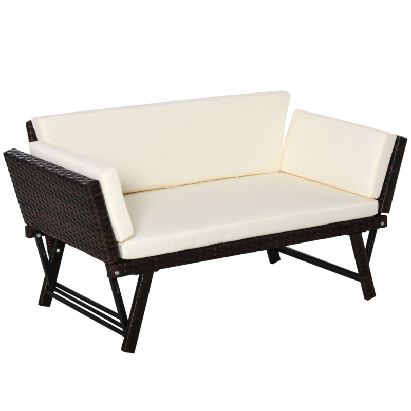Outsunny 2-seater 2-in-1 Rattan Convertible Sofa Daybed - Brown