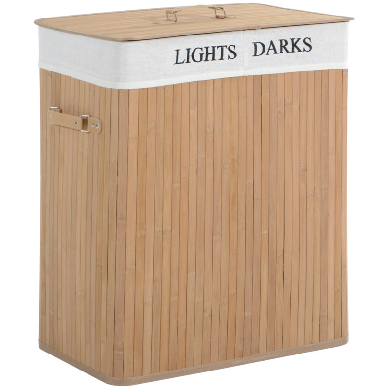 Homcom Bamboo Laundry Basket With Lid, Dual Compartment Collapsible Washing Bin 70cm X 40cm X 30cm