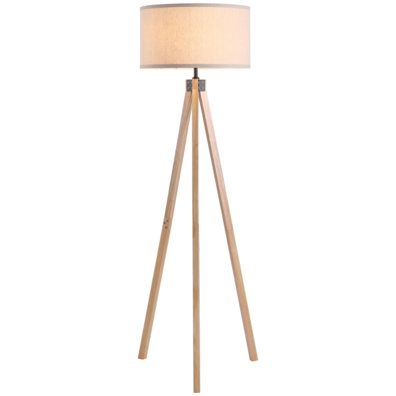 Homcom Rubber Wood Tripod Floor Lamp With Beige Linen Cylinder Lampshade - 3m Cable