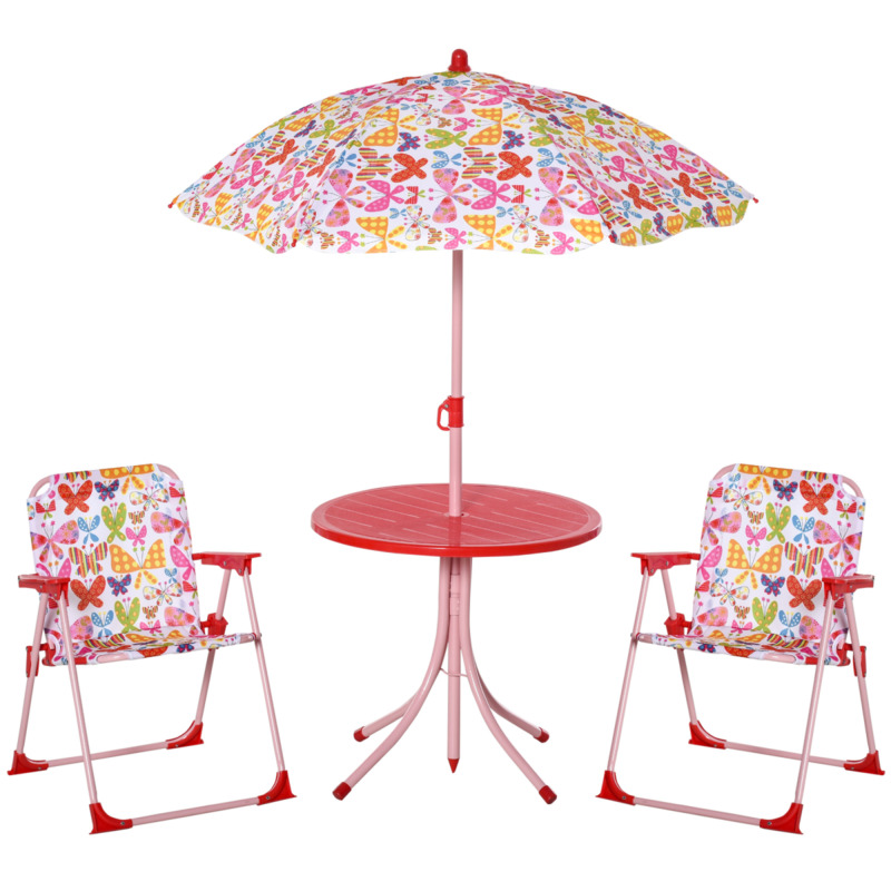Butterfly Kids Folding Picnic Table And Chair Set With Parasol - Durable Metal Frame