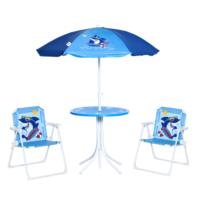 Four-piece Foldable Kids Garden Set With Table Chairs Umbrella - Blue