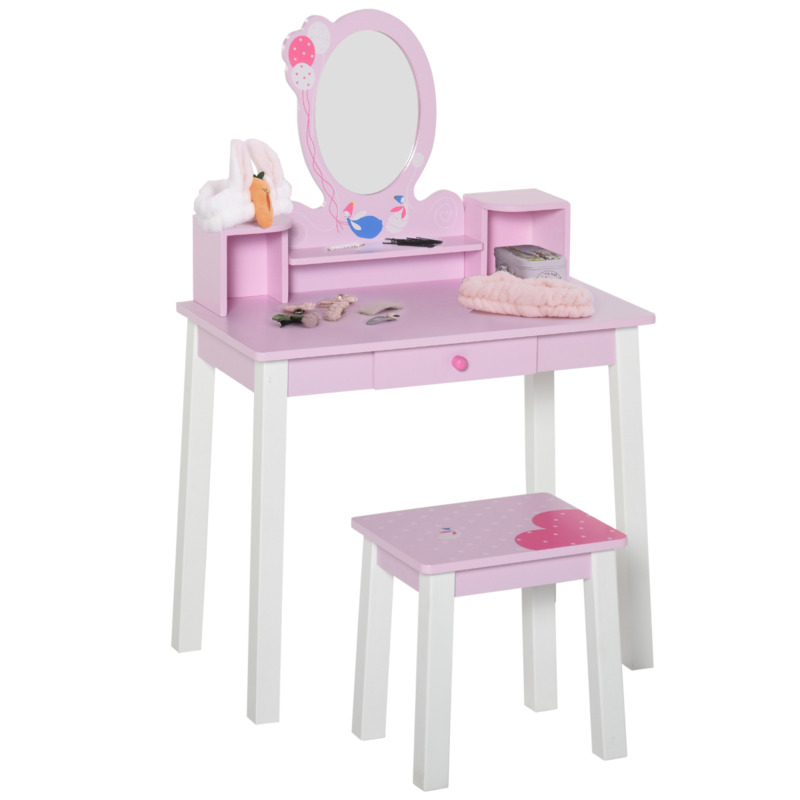 Pink Pine Wood & Mdf Dressing Table And Stool Set - Children's Play Desk With Storage