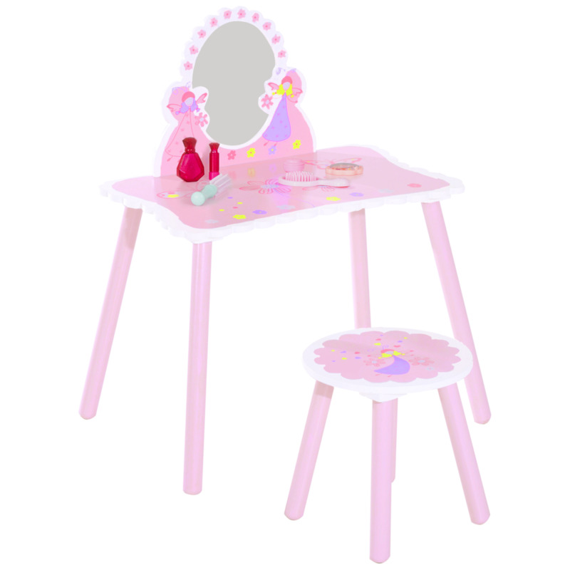 Kids Pink Dressing Table & Stool Set - Pine Wood & Mdf, Dual Function Desk, Toy Vanity