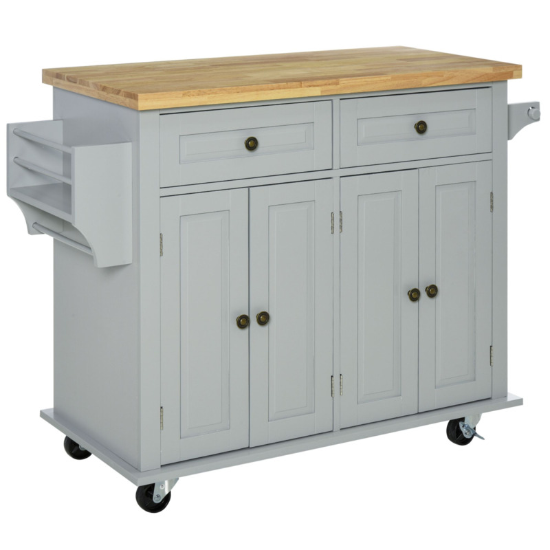 Homcom Rolling Kitchen Island Cart With Rubber Wood Top, Spice Rack & Towel Rack
