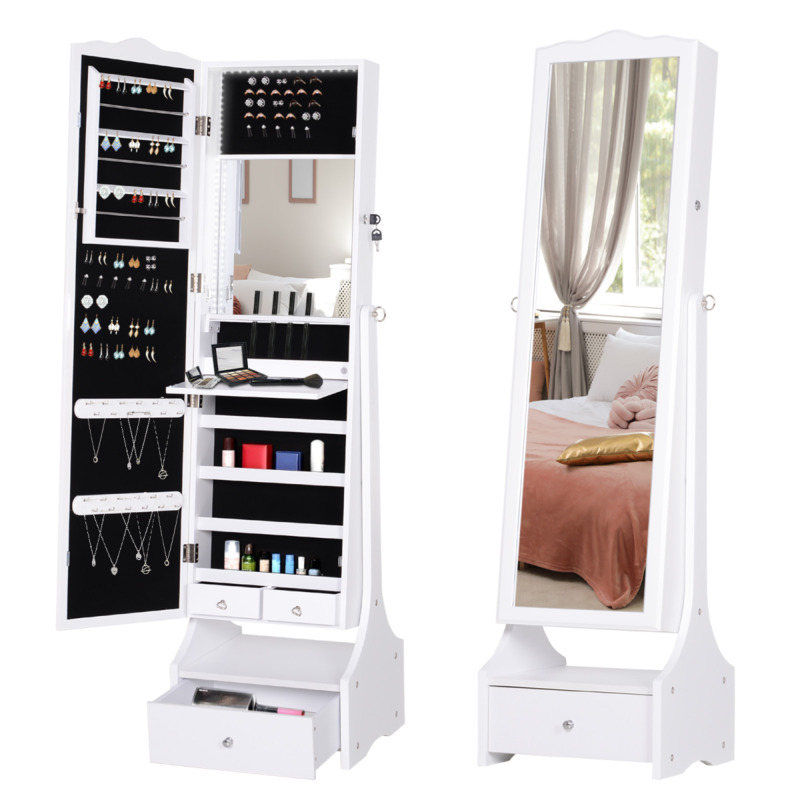 Floor Standing Mirrored Jewellery Cabinet With Led Light & Lock - White