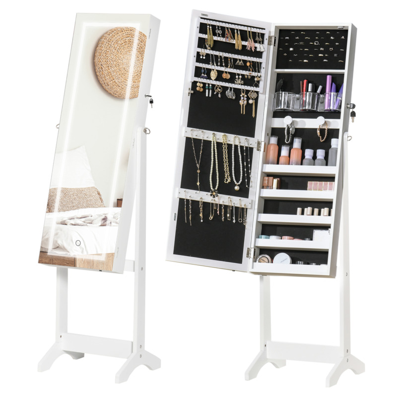 Mirrored Jewellery Cabinet With Led Lights & Lock - White