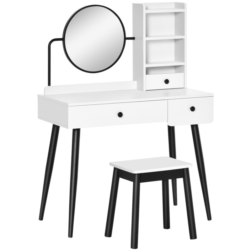 White Dressing Table Set With 3 Drawers, Storage Shelves & Stool