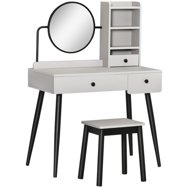 Homcom Grey Dressing Table Set With 3 Drawers & Storage Shelves & Stool