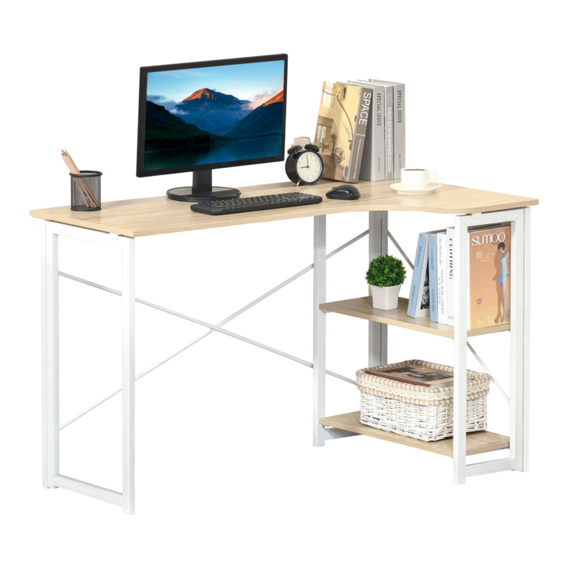 Homcom L-shaped Computer Desk With 2 Shelves - Oak Tone Workspace