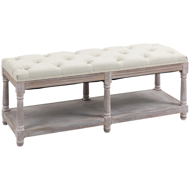Linen-touch Storage Bench Button Tufted Seat Cream White, 120cm Wide