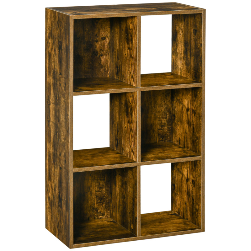 Industrial Style Bookcase, Bookshelf, Three Shelves, Six Compartments, Rustic Brown