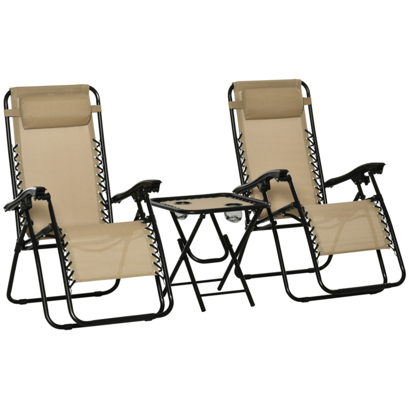 Zero Gravity Garden Chairs Sun Lounger Set With Side Table Cup Holders Beige