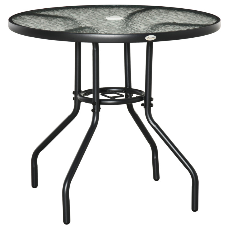 Outdoor Round Dining Table Tempered Glass Steel Frame W/ Parasol Hole 80cm Diameter