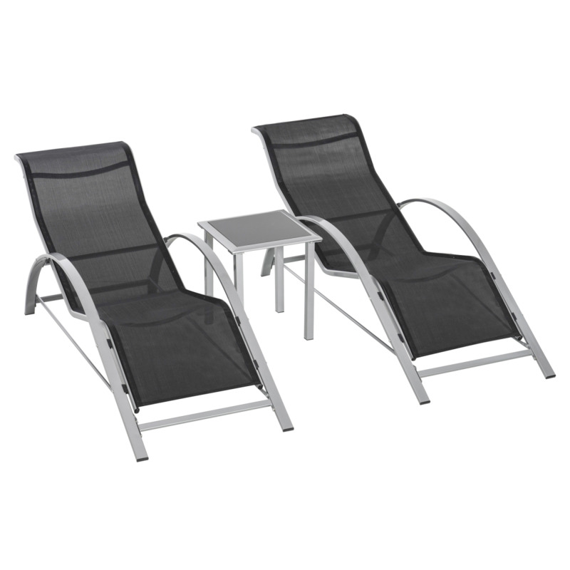 3-piece Lounge Chair Set With Toughened Glass Table - Black Outdoor Patio Garden Furniture