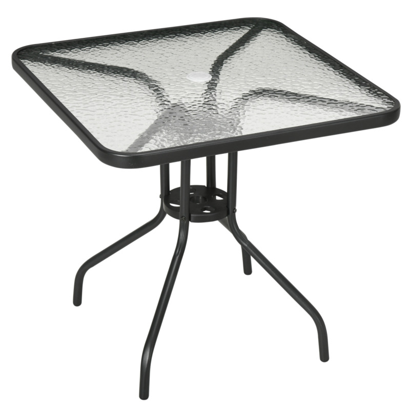 Tempered Glass Square Patio Dining Table 76 X 76cm - Steel Frame, Integrated Parasol Hole