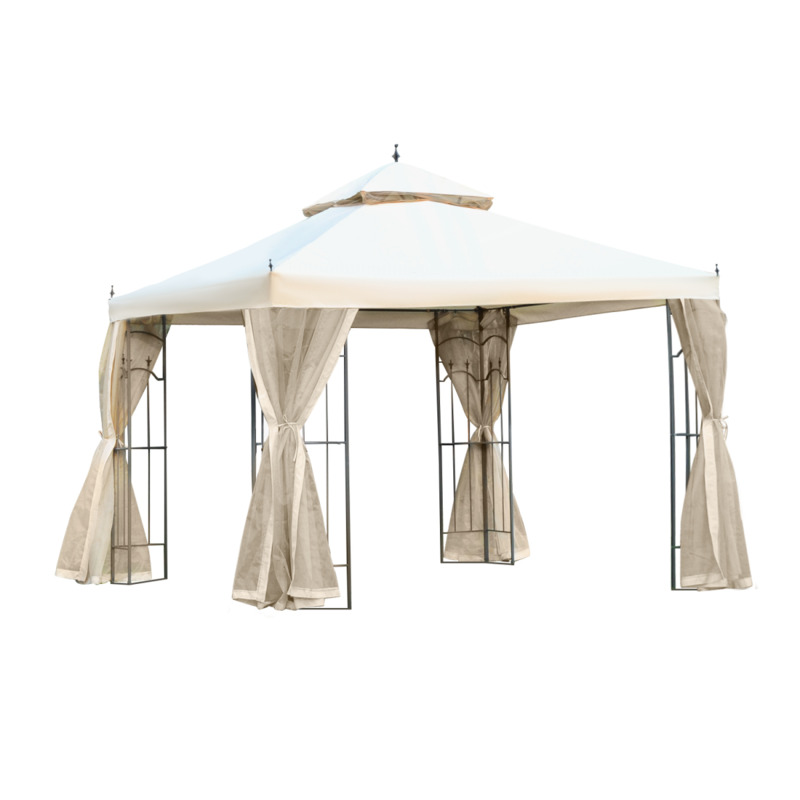 Garden Gazebo 3 X 3m Steel Frame Double Tiered Roof Cream White With Curtains & Mosquito Nets
