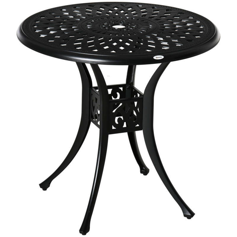 Cast Aluminium Round Garden Dining Table With Parasol Hole - Black, 78cm Diameter