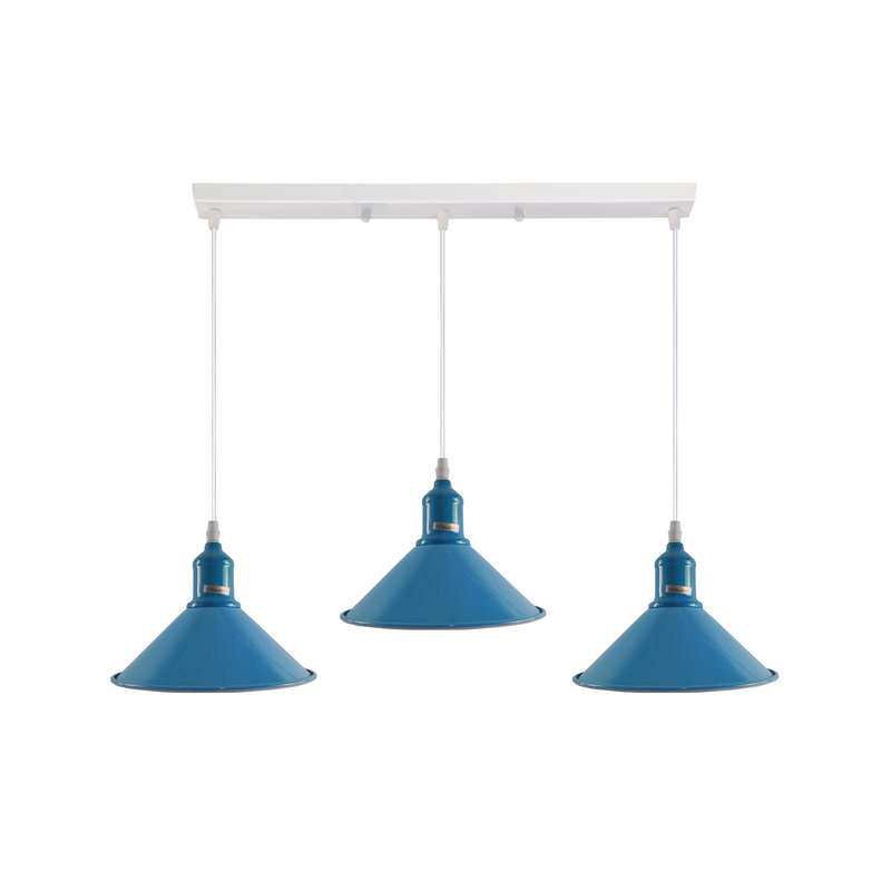 Ledsone Metal Cone Pendant Light Fitting - 3 Lights, E27, 95cm Adjustable Cable, Deep Blue