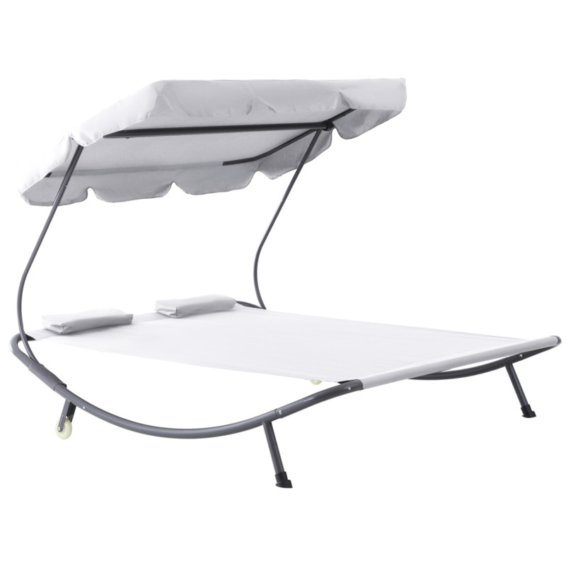 Double Hammock Sun Lounger Bed With Canopy And Wheels - Cream White